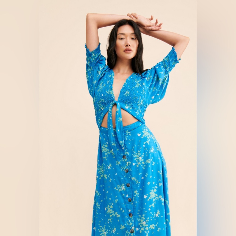 NWOT Free People String of Hearts Blue Printed Maxi Dress